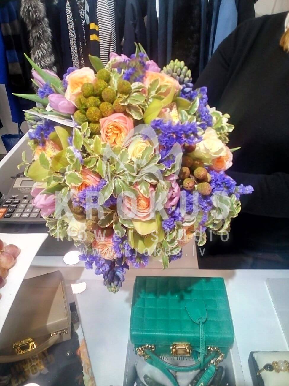 Deliver flowers to Latvia (meadow flowerslimoniumgoldenrodlupinebruniaorchidswhite rosesveronicacheesewoodpeoniesblue cornflowerdavid austin roses)