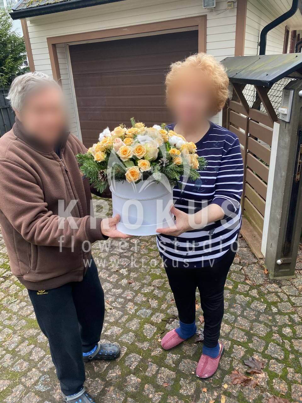 Ziedu piegāde Latvia Jūrmala (krūmrozesdekorsstilīga kastītekrēmkrāsas rozeskokvilnanobilis egle)